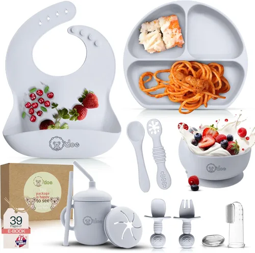 Miniatura 8 de O'doe Juego de alimentación para bebé de 17 piezas sin BPA de silicona Placas de succión gruesas y suaves, tazones para bebé, tenedor y cuchara