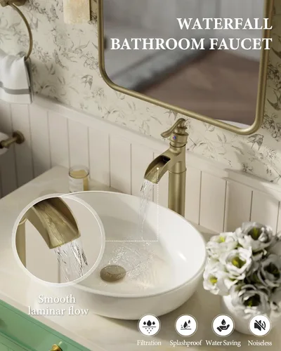 Miniatura 2 de Grifo de lavabo de lavabo de oro cepillado, grifo de baño alto de una sola manija, grifo de fregadero de un solo orificio con ensamblaje de drenaje