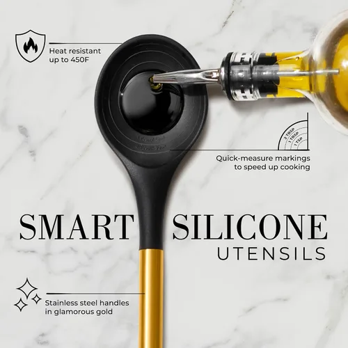 Miniatura 8 de STYLED SETTINGS Juego de Utensilios de Cocina Negros y Dorados – 8 Piezas de Utensilios de Cocina de Silicona con Mangos Dorados, Soporte