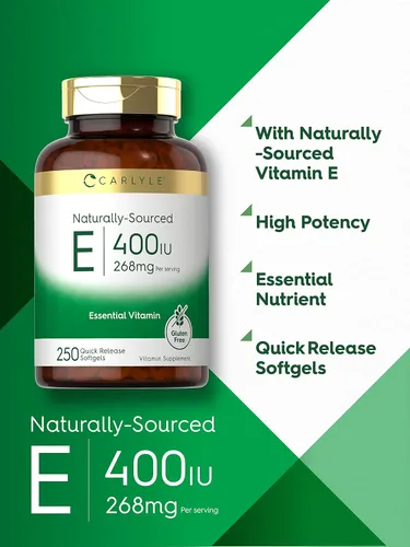 Miniatura 3 de Carlyle Cápsulas blandas de vitamina E de 400 UI 250 unidades Suplemento de origen natural para hombres y mujeres Sin OMG y sin gluten