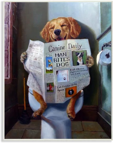 Stupell Industries Placa de pared divertida con diseño de perro leyendo el periódico en el inodoro, diseño artístico por la artista Lucia Heffernan,
