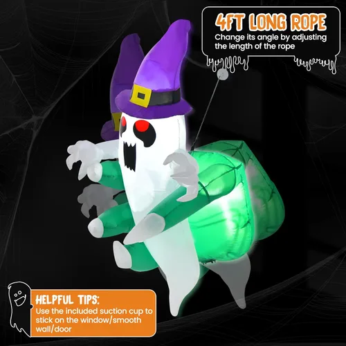 Miniatura 6 de Tangkula Fantasma inflable de Halloween de 3.6 pies que estalló de la ventana, fantasma espeluznante de ventana colgante con luces LED, decoración