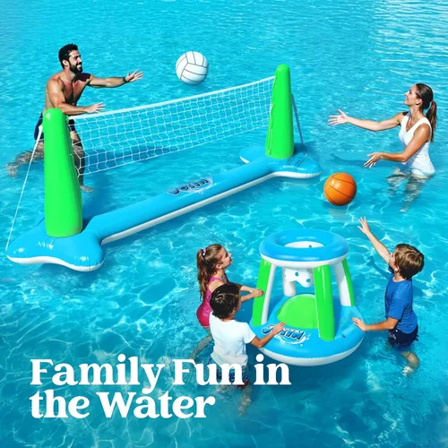 Miniatura 3 de JOYIN Juego de flotador de piscina inflable con red de voleibol y aros de baloncesto; bolas incluidas para niños y adultos, juego de piscina