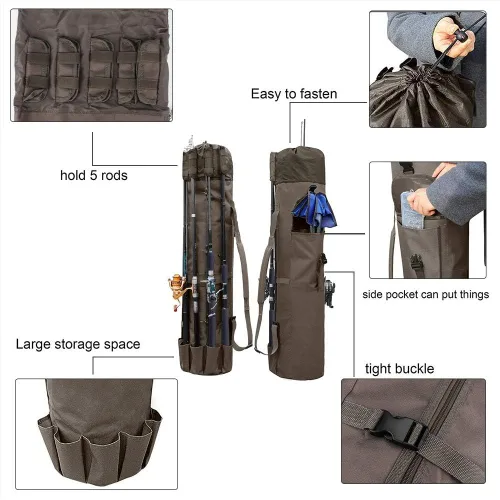 Miniatura 2 de Allnice Bolsa organizadora de lona duradera para caña de pescar y carrete, bolsa de transporte de viaje, con capacidad para 5 postes y aparejos Caqui