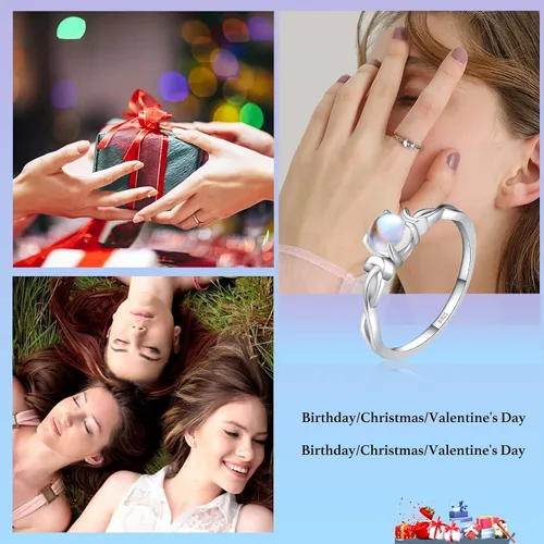 Miniatura 6 de Anillo de piedra lunar genuina para mujer, plata esterlina 925, arco iris, doble luna, infinito, anillo de compromiso de piedra lunar redonda