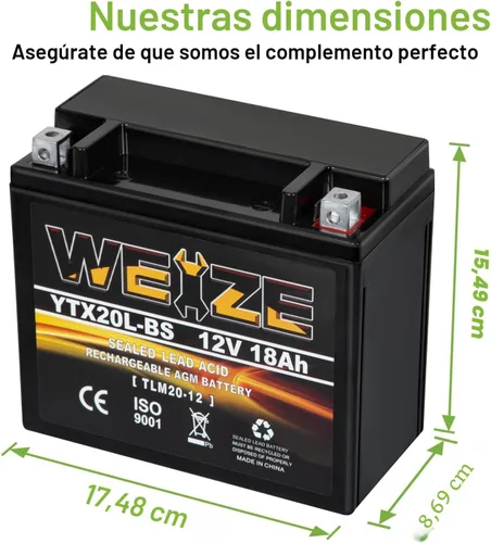 Miniatura 2 de Weize YTX20L-BS - Batería de alto rendimiento para deportes de potencia - Sellada, libre de mantenimiento, AGM para motocicleta, ATV, UTV, moto