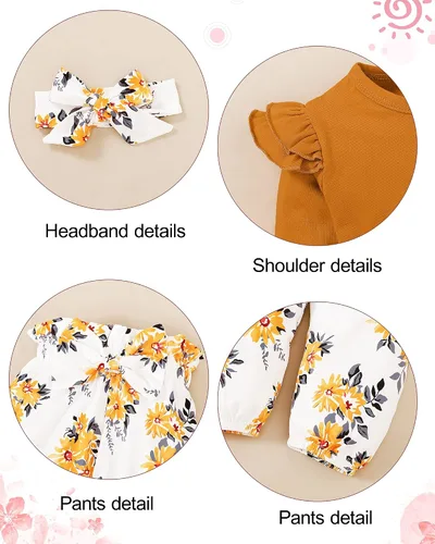 Miniatura 5 de SANMIO Conjunto de ropa para niña pequeña, camisa de manga con volantes, pantalón floral con diadema, 3 piezas, conjunto de ropa para bebé niña 1-5T