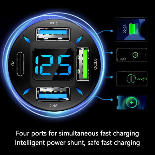 Miniatura 4 de Cargador de automóvil de 66 W de carga súper rápida con USB 2.4A y QC 3.0 (voltímetro y luces LED), carga rápida universal para enchufe