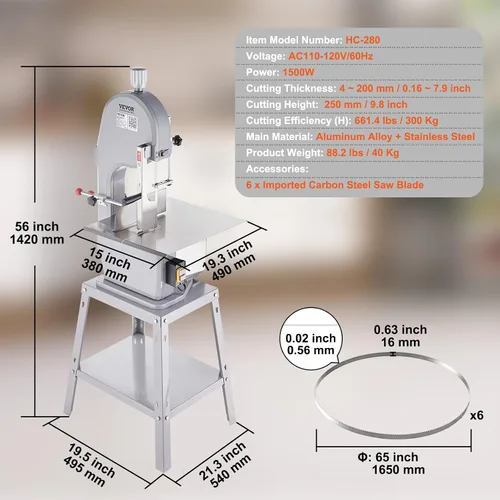 Miniatura 7 de Sierra de banda eléctrica comercial para carne, máquina de sierra ósea vertical de acero inoxidable de 1500W, banco de trabajo de 19.3" x 15