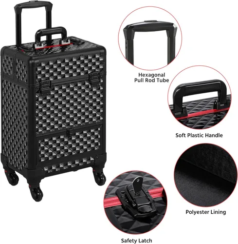 Miniatura 4 de Yaheetech Estuche de Maquillaje Tipo Tren con Ruedas, Estuche de Aluminio para Cosméticos con Ruedas, Estuche de Barbero para Salón, Carrito