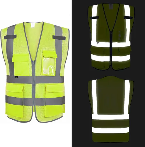 Miniatura 3 de Dazonity Chaleco de seguridad de malla de alta visibilidad con múltiples bolsillos y cremallera, apto para hombres y mujeres, trabajo, construcción