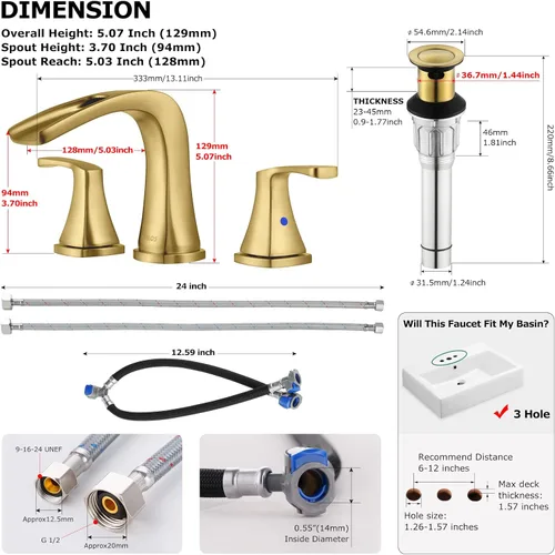 Miniatura 5 de PARLOS Grifo de lavabo de baño generalizado en cascada, 2 manijas con drenaje desplegable de metal y líneas de suministro de grifos cUPC, oro Oil
