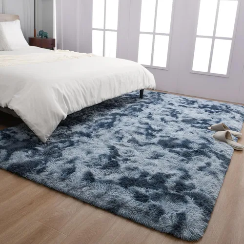 Miniatura 5 de TWINNIS Alfombras grandes de pelo largo de 4 x 6 para sala de estar, dormitorio, teñido anudado azul y gris, alfombras de felpa súper suaves