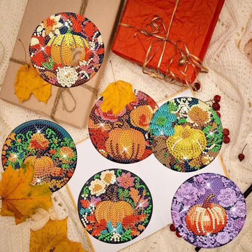 Miniatura 5 de Denylo pro 8 piezas de kits de posavasos de arte de diamante de calabaza de otoño con soporte DIY arte de diamante de calabaza de otoño posavasos