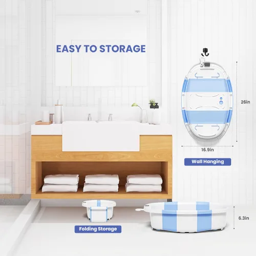 Miniatura 6 de Bañera plegable para bebés, bañeras para bebés recién nacidos con cojín suave y termómetro y bolsa de malla organizadora de juguetes, bañera