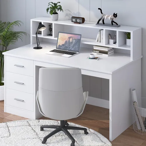 Miniatura 8 de MaverickFurni Escritorio blanco con cajones, escritorio de oficina en casa de 46 pulgadas con gabinete y almacenamiento, escritorio pequeño con 3