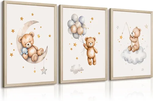 Miniatura 14 de Baccone Arte de pared para habitación de guardería con oso de peluche, póster para habitación de bebé niño o niña, decoración de pared de guardería