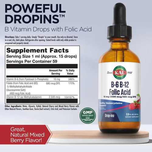 Miniatura 3 de KAL Vitamina B-6 B-12 Ácido Fólico DropIns, Gotas de Suplemento Líquido de Vitamina B, Salud del Corazón, Energía, Soporte de Glóbulos Rojos