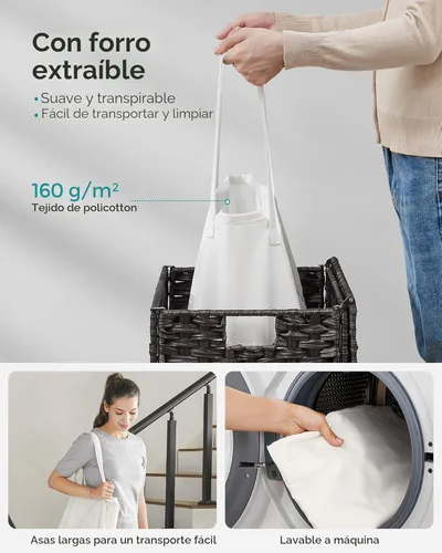 Miniatura 6 de SONGMICS Cesta de lavandería con tapa, cesta de ropa de 23.8 galones (90 L) de ratán sintético con tapa y asas, plegable, forro extraíble, negro
