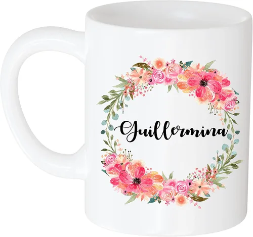 Taza de café, taza de café personalizada, regalo para mujeres, nombre personalizado, flor de Guillermina y nombre de 11 onzas, taza blanca 377688
