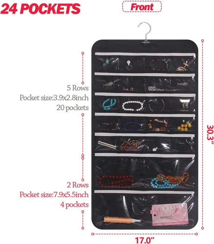Miniatura 2 de DIOMMELL Organizador de joyería colgante con 47 bolsillos con cremallera para aretes, collar, pulsera, anillo, bolsa de almacenamiento