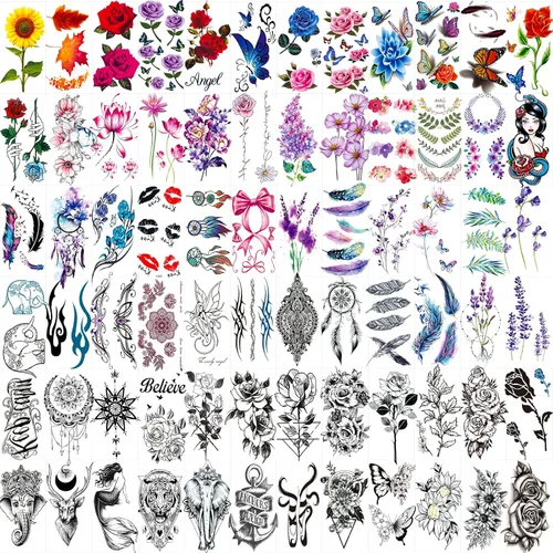 72 hojas de tatuajes temporales para mujeres y niñas, tatuaje temporal de flores, tatuajes de mariposas, pegatinas de arte corporal de tatuajes