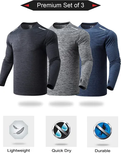 Miniatura 7 de Paquete de 3 camisetas de manga larga para hombre, ajuste seco, casual, senderismo, rendimiento, atléticas, activas, con agujeros para el pulgar