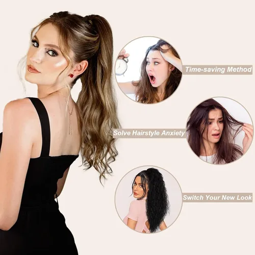 Miniatura 3 de Extensión de cola de caballo de cabello lacio, mezcla de extensiones de cola de caballo con cordón, rubias para mujer, múltiples capas, sintético