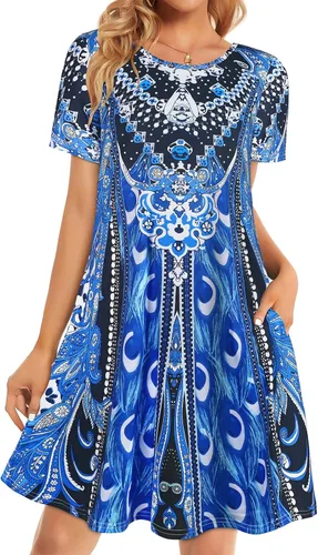 Miniatura 34 de Vestidos de verano para mujer, informales, holgados, estilo camiseta, florales, de manga corta, con vuelo y bolsillos, para la playa