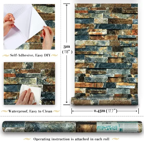 Miniatura 2 de Papel tapiz de ladrillo para despegar y pegar de 17.7 x 9.8 pies, papel de contacto de piedra autoadhesivo, extraíble, impermeable, para cocina