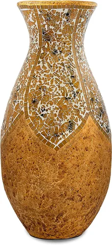 Jarrón de mosaico de 18 pulgadas, cilindro alto hecho de terracota con piezas de mosaico de vidrio amarillo tostado, pieza decorativa hecha a mano