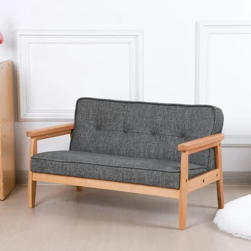 Miniatura 7 de Sofá de doble plaza para niños, sofá para niños con brazo de madera maciza y patrón de lino de PVC para el descanso de los niños (gris oscuro)