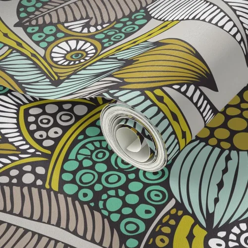 Miniatura 2 de Muestras de papel tapiz para despegar y pegar, mostaza, menta, flores, garabatos, líneas, puntos, círculos, estilo vintage, bohemio, papel tapiz