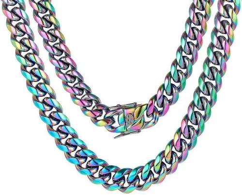 Rowin&Co Mens Chunky Miami Cuban Link Chain - Rainbow Multicolor Stainless Steel Curb Necklace, Nickel-free, Colorful Chains, Hip Hop Jewelry Choker