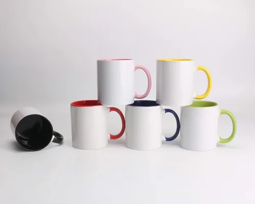 Miniatura 2 de Taza de café de sublimación de cerámica blanca de 11 onzas con colores sólidos en el interior y mango negro, rojo, rosa, azul, verde y amarillo, 6