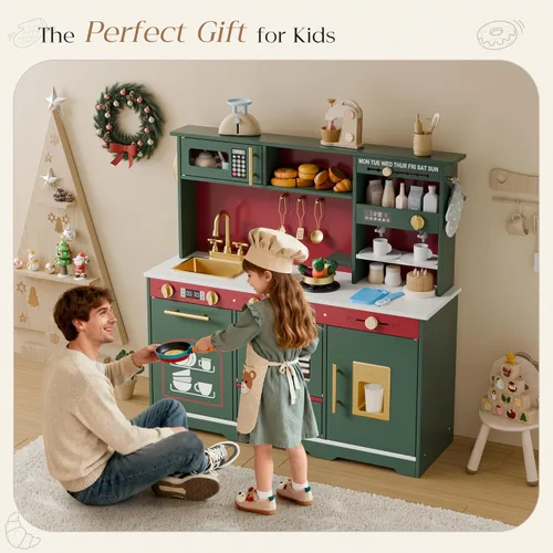 Miniatura 6 de Play Kitchen Set, Kids Kitchen Playset with 21 Fun Accessories, Toy Kitchen with Realistic Appliances, Smart Storage, Wooden Play Kitchen for Kids