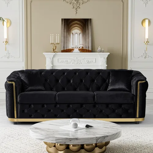 Miniatura 10 de DAMAIFROM Juego de sofá de terciopelo de lujo beige y dorado, moderno de mediados de siglo, sofás Chesterfield copetudos y patas doradas, juego de 2