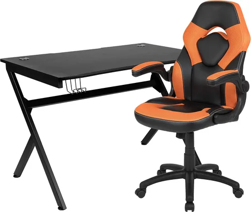 Miniatura 42 de Flash Furniture Juego de escritorio para juegos negro y silla de carreras blanco/negro con soporte para tazas, gancho para auriculares y soporte