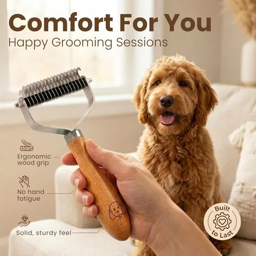 Miniatura 6 de Peine de desenredar para mascotas para perros y gatos con mango de madera, rastrillo de subpelo para perros con cuchillas de acero inoxidable, peine