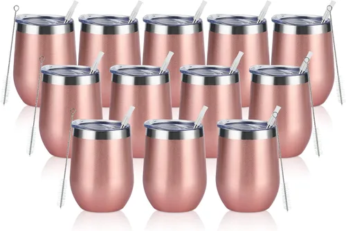 Paquete de 12 vasos de vino de acero inoxidable, 12 onzas, doble pared, aislados al vacío, con tapas y pajitas, copas de vino sin tallo de acero Oro