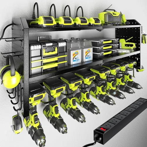 Miniatura 9 de KAFAHOM Organizador de herramientas eléctricas con estación de carga, regleta de alimentación integrada de 8 tomas, soporte de pared grande para 8
