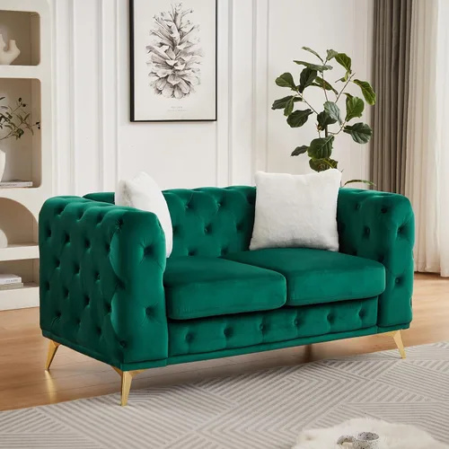 Miniatura 3 de KEIKI Sofá Chesterfield de terciopelo de lujo de 61 pulgadas con 2 almohadas, estilo mediados de siglo con botones copetudos de 2 plazas con cojines