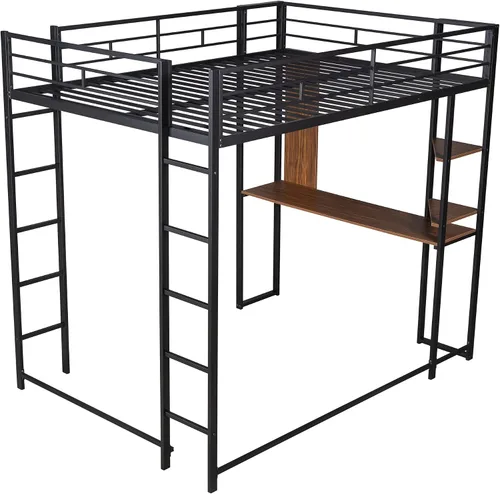 Miniatura 6 de Harper & Bright Designs Cama tipo loft individual con escritorio y rejilla de metal, marco de cama de metal con barandillas de longitud completa