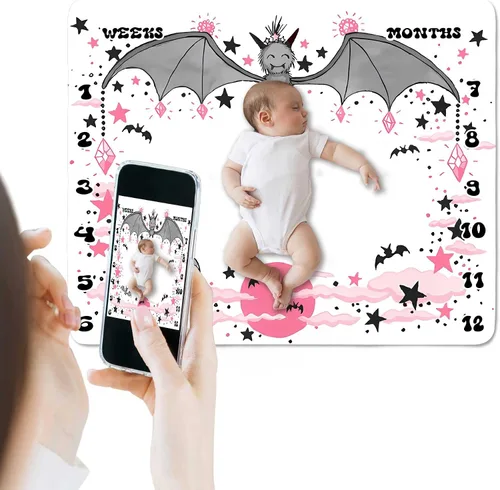 Miniatura 2 de Manta de hitos de murciélago para niño o niña, acuarela rosa luna nube fondo de fotografía de Halloween, tabla de crecimiento de edad mensual