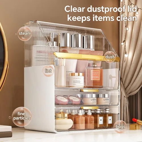 Miniatura 4 de Organizador de maquillaje para encimera con tapa, organizadores de cuidado de la piel para tocador, 3 niveles, almacenamiento de maquillaje