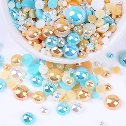 Miniatura 22 de Perlas con parte trasera plana para manualidades, 50g Mezcla Azul Rosa Blanco Medias perlas para manualidades, Tamaño mixto 3/4/5/6/8/10mm Perlas