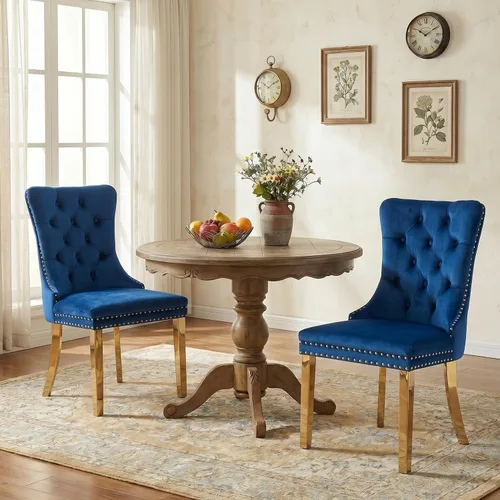 Miniatura 106 de SoarFlash Juego de 2 sillas de comedor de tela de lino, sillas de comedor tapizadas con ribete de cabeza de clavo y patas de madera de color claro