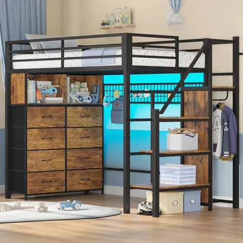 ADORNEVE - Cama tipo loft tamaño individual con escaleras de almacenamiento, 8 cajones, cama tipo loft de metal para niños tamaño individual con