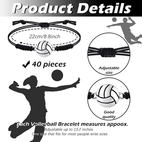 Miniatura 30 de 20 pulseras de voleibol ajustables, cuerda trenzada con dije de voleibol para niñas, mujeres, hombres, adolescentes, la mayoría de jugadores