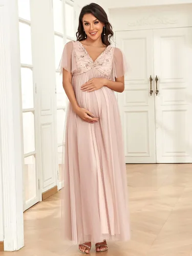 Miniatura 4 de Ever-Pretty Vestido de maternidad para sesión de fotos de maternidad con cuello en V y lentejuelas plisadas con mangas con volantes para mujer